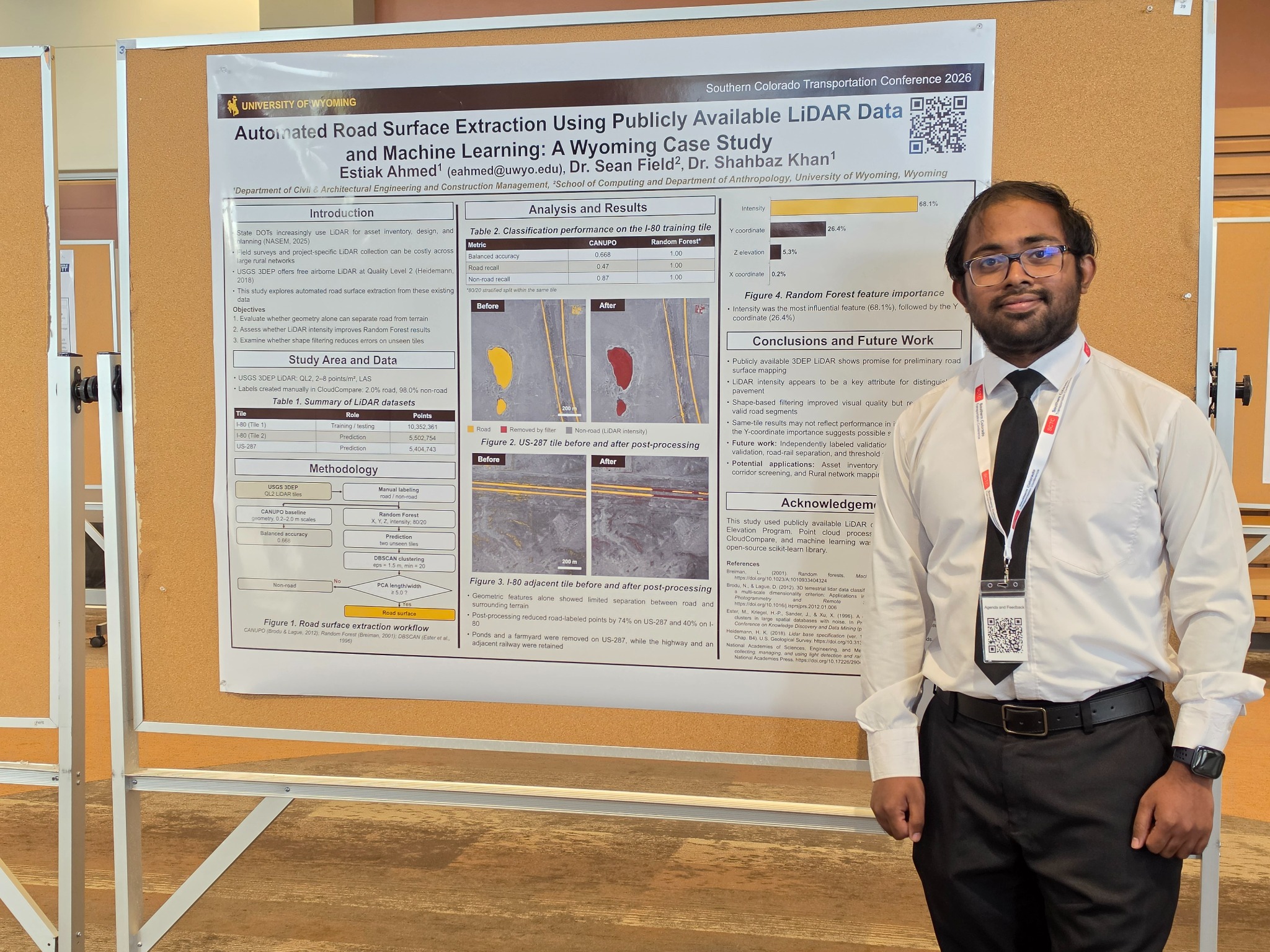 Estiak Ahmed presenting his road surface extraction research poster at the Southern Colorado Transportation Conference 2026